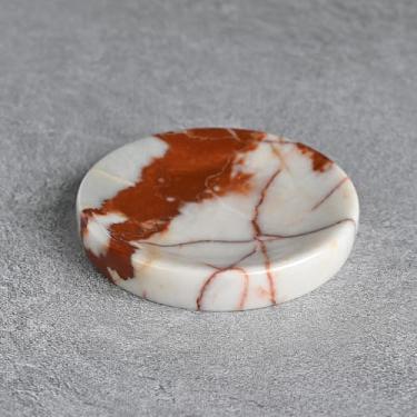 Imagem de ZSHAWN Prato de joias de mármore de viola vermelha Calacatta 10 cm, bandeja pequena para anéis, brincos, pulseiras, saboneteira redonda de mármore para banheiro e penteadeira, prato decorativo para