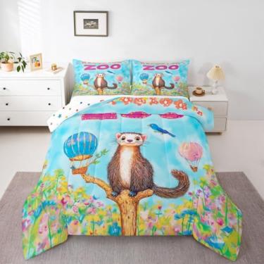 Imagem de Erosebridal Jogo de cama solteiro com desenho animado, furão, zoológico, azul, rosa, balão de ar quente, para meninas, colorido, floral, jardim, edredom para crianças, adolescentes e adultos