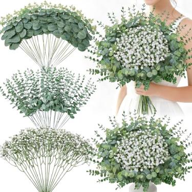 Imagem de Serwalin 75 peças, 3 tipos de hastes mistas de eucalipto, flores artificiais de hálito de bebê a granel com folhas de vegetação sintética para buquês faça-você-mesmo, arranjos florais de casamento