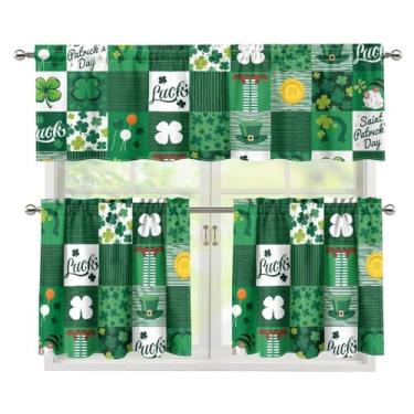 Imagem de Cozeyat Cortinas de cozinha do Dia de São Patrício Cortinas de janela rosa conjunto de saia e camada 61 cm, folhas verdes modernas com bolso para varão cortina de camada curta para banheiro, arte