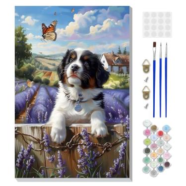Imagem de DOMROM Kit de pintura animal por números para adultos iniciantes com cavalete de madeira, kit de pintura de cachorro por número em tela, kits de pintura a óleo DIY para decoração de parede de casa