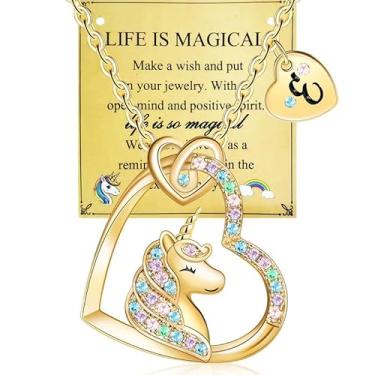 Imagem de Afcrho Colar de unicórnio, presente, pingente de coração colorido, colar de unicórnio, joias, presente de aniversário, unicórnios, presente e inicial de coração, unicórnios, joias