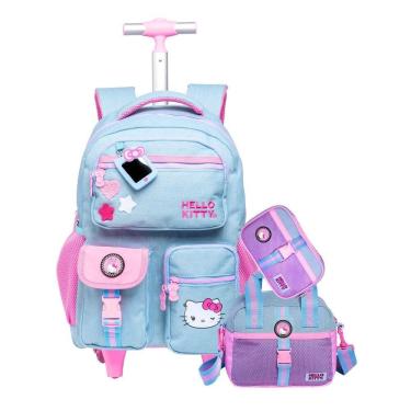 Imagem de Kit Hello Kitty Jeans Mochila Rodas + Lancheira + Estojo Box