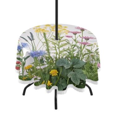 Imagem de Qilmy Toalha de mesa colorida redonda impermeável de 152 cm com orifício para guarda-chuva e zíper – uso externo / interno resistente para pátio, churrascos, piqueniques, festas (serve para mesas