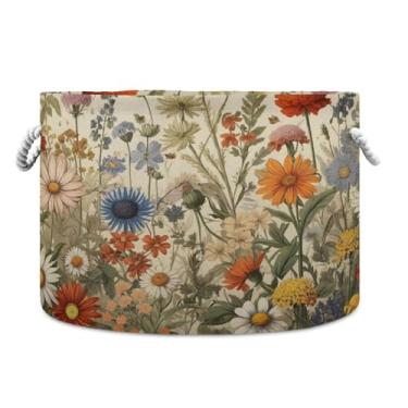 Imagem de JUZIHAI Cesta de armazenamento dobrável de flores silvestres para bebês, cesto de roupa suja, cobertor com alças de corda de algodão, caixa organizadora de armário dobrável para quarto, berçário, casa