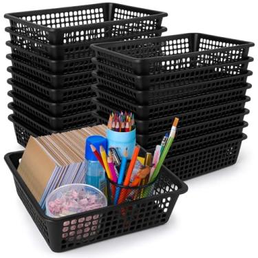 Imagem de Zhehao Pacote com 16 cestos organizadores de papel de 35,5 x 25,4 x 10,16 cm, bandeja de plástico, suporte de arquivo de escritório para material de escritório (preto)