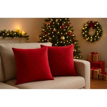 Imagem de Kit 2 Capas de Almofada Natalina 45x45cm em Suede Aveludado com Zíper - Sem Enchimento Decoração Natal (Vermelha)