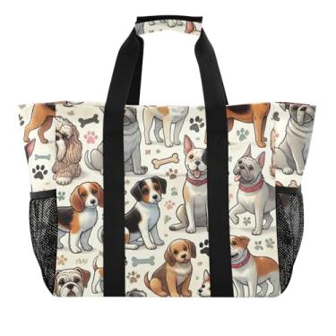 Imagem de ODAWA Linda bolsa de praia de lona para cães de desenho animado, bolsas de praia para piscina para mantimentos, Cachorros fofos de desenho animado, One Size
