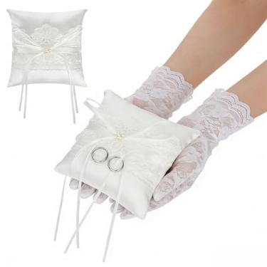 Imagem de Almofada de anel de casamento de cetim de pérola de renda elegante com bordado requintado para cerimônia de casamento proposta romântica travesseiro para decoração de casamento clássica vintage