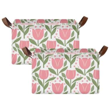 Imagem de Organizador de armário dobrável tulipas verde e rosa com alças, cestas decorativas de armazenamento 40 x 29 x 25 cm, pacote com 2