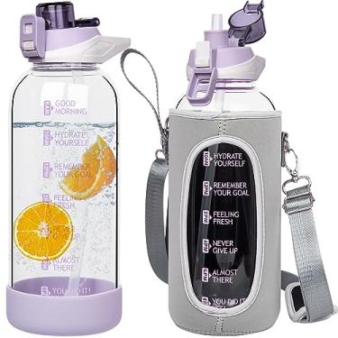 Imagem de Seekua Garrafa de água grande de vidro esportiva de 1,4 l com canudo e marcador de tempo, garrafa motivacional de vidro diário com alça para água com infusão de frutas, smooththie, café