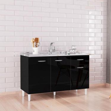 Imagem de Balcão Para Pia A435 120cm Com 3 Portas 1 Gaveta Poquema Preto