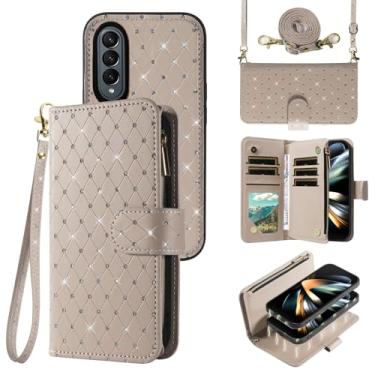 Imagem de Compatível com Samsung Galaxy Z Fold 4 5G 2022 capa carteira com zíper celular alça transversal com glitter flip porta-cartão slot capa de telefone para ZFold4 Z4 Fold4 ZFold 4Z ZFold45G feminino