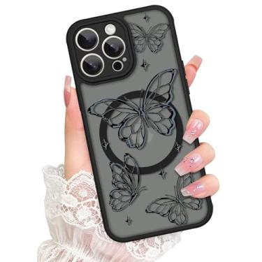 Imagem de Bonoma Capa Mganetic para iPhone 14 Pro Max [compatível com MagSafe] Linda estampa de borboleta preta para mulheres e meninas, amortecedor de TPU macio, translúcido, fosco, fina, à prova de choque