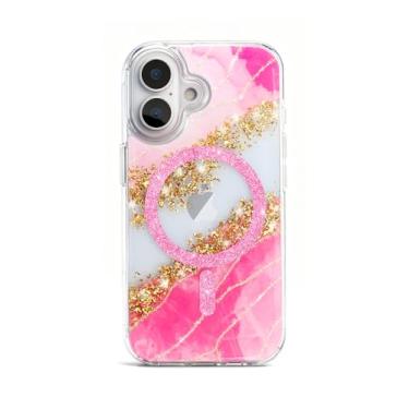 Imagem de Teayoha Capa com glitter para iPhone 16 Pro Max, capa de telefone brilhante brilhante de luxo compatível com MagSafe, capa transparente com detalhes em mármore 3D dourado para mulheres, meninas - rosa