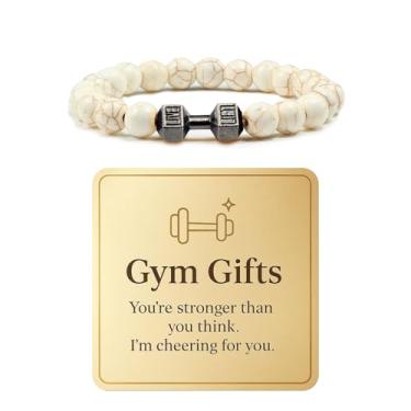 Imagem de Roe Dolph Pulseira masculina de treino com contas pretas com pingente de haltere pesado, presente de treinamento de força para ele, acessório para amantes de academia, Large, Pedra, Sem Pedra Preciosa