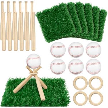 Imagem de Demonwer Conjunto de 24 peças de decorações de mesa de festa de beisebol, inclui 24 mini bolas, 6 tacos de beisebol e 6 tapetes de grama artificial, kit de centro de mesa de estilo esportivo para