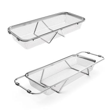 Imagem de WAGENSTEIGER Escorredor de pratos extensível com pés, cesto de escorredor de legumes, escorredor de pratos ou talheres de aço inoxidável, organizador de cozinha definitivo sobre a pia (30 x 13 x 5 cm)