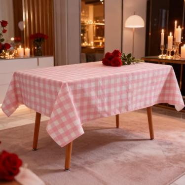 Imagem de NESAYVER Toalha de mesa de vinil Valentines Gingham com forro de flanela para mesas retangulares, 152 x 213 cm PEVA capa de mesa impermeável para piquenique de primavera, decorações de festa de