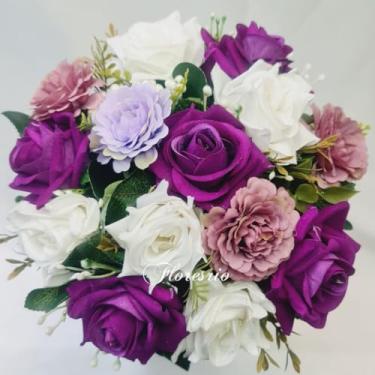 Imagem de Buquê de Noiva Artificial com Flores Coloridas para Casamento Civil ou Religioso(00525/Roxo/Branco/Dália)