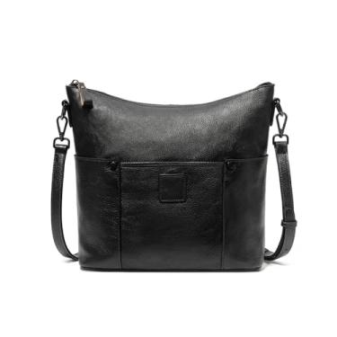 Imagem de FAIME Bolsa tiracolo de couro para mulheres - Bolsa de couro verdadeiro com vários bolsos bolsa feminina de tamanho médio para trabalho e uso diário, Preto, Bolsa tiracolo feminina de couro vintage