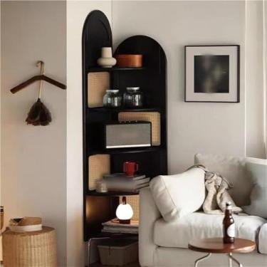 Imagem de Estante de canto vintage de 5 camadas - rack de exibição de vime e madeira maciça, estante com economia de espaço para sala de estar, solução de armazenamento de canto preto elegante