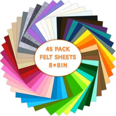 Imagem de 45 folhas de tecido de feltro artesanal de 20 x 20 cm, 45 folhas de feltro não tecidas de cores sortidas, quadrado de tecido de feltro grosso de 2 mm para artesanato de costura DIY, patchwork