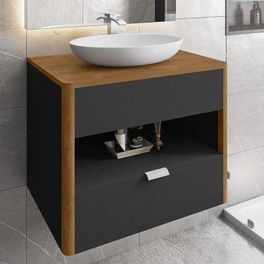 Imagem de Gabinete Armario Banheiro Santorini Com 1 Gaveta E Cuba Luna Preto Fosco/naturale