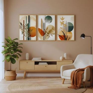 Imagem de Kit 3 Quadros Boho Abstrato Folhagem Nude com Moldura - Zarco Interior