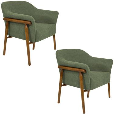 Imagem de Kit 02 Poltronas Luna Base Madeira Poliéster Bouclé Verde - Nexta Casa