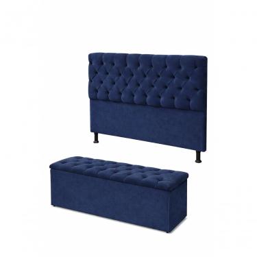 Imagem de Kit Cabeceira De Cama Box Com Calçadeira Baú Mirage Capitonê Casal 140 Cm Suede Azul Marinho Eli Móveis E Decoração