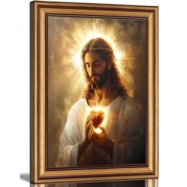 Imagem de Arte de parede em tela com moldura dourada do Sagrado Coração de Jesus Cristo Jesus Divina Misericórdia Retrato Tranquilidade Pintura Decoração de Parede Pôster Impressão Arte para Sala de Estar