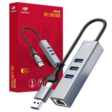 Imagem de Hub Adaptador Usb C 4 Portas Hu Lan1000 com 3 Usb 3.0 e Rj45 Prata C3tech