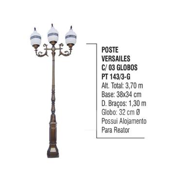 Imagem de Poste Colonial Versailes Jardim de Alumínio 03 Globo 3,70m