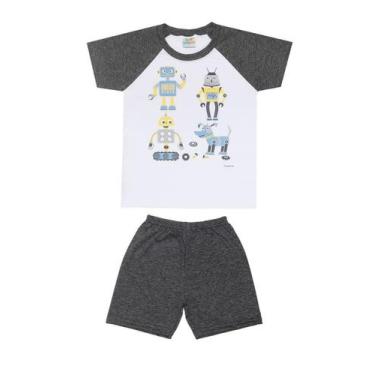 Imagem de Pijama Curto Masculino Infantil - Raglan Robôs Branco - Dadomile