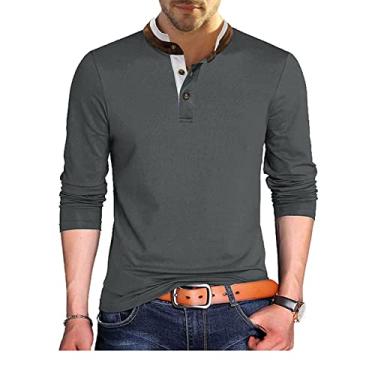 Imagem de NJNJGO Camiseta masculina de manga comprida Henley de algodão casual camiseta slim fit com botões, Cinza, GG