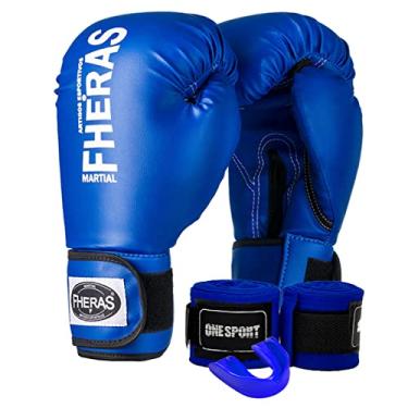 Imagem de Kit Boxe Muay Thai Luva Fheras + Protetor Bucal + Bandagem (14oz, Blue)