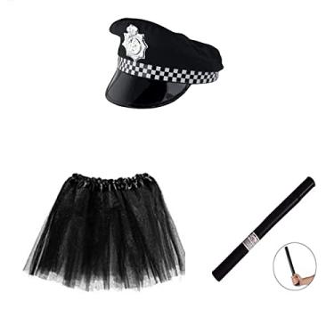 Imagem de Fantasia de Policial Feminina C/Quepe Preto e Branco Saia 35 Cm e Cassetete