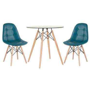 Imagem de Mesa jantar cozinha redonda com tampo de vidro Eames 70 cm + 2 cadeiras Eiffel Botonê