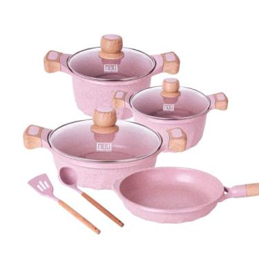 Imagem de Jogo Panelas Antiaderente Revestimento Mármore Cerâmico 4 peças Rosa