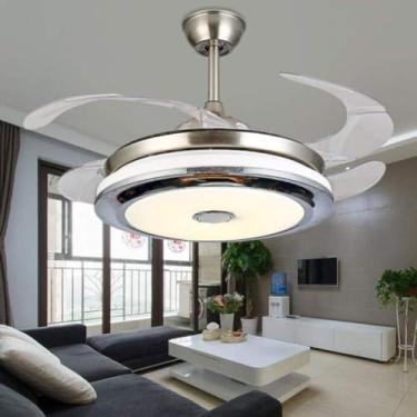 Imagem de Ventilador de teto de 42'' com integração de luz LED Luz de três cores Bluetooth Smart Music Player e controle remoto Ajuste de velocidade ABS Lâmina invisível /748