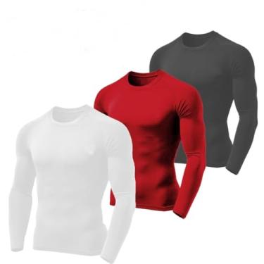Imagem de Kit 3 Camisetas Masculinas Segunda Pele Térmica Proteção Solar Uv 50+ Manga Longa Dry Fit (P, Branco/Vermelho/Chumbo)