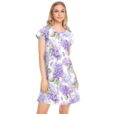Imagem de CHIFIGNO Vestido de noite feminino camisa de pijama macio para mulheres camisolas de verão vestido de noite, Flores lilás em aquarela, P