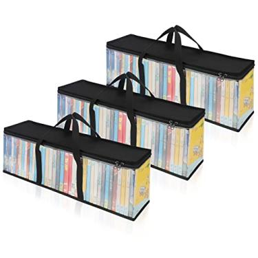 Imagem de CCidea Sacos de armazenamento de DVD (pacote com 3) bolsa organizadora de mídia para DVDs/CDs/discos de videogames/caixa VHS/disco Blu Ray, sacos de armazenamento de mídia de PVC transparente com alças – comporta até 120 CDs no total