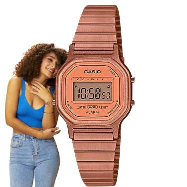 Imagem de Relógio de Pulso Casio Feminino Vintage Pequeno Quadrado Pulseira Aço Inóx Quartz Cronômetro Alarme Digital Casual Rose Gold LA-11WR-5ADF