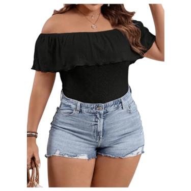 Imagem de SOLY HUX Body feminino plus size ombro de fora manga curta acabamento com babados verão elegante camiseta tops, Preto liso, 1XL