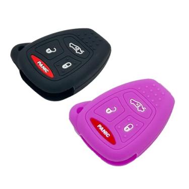 Imagem de 2 peças capa de borracha para controle remoto de entrada sem chave para Chrysler 200 300 PT Cruiser Dodge Charger Magnum Durango Jeep Grand Cherokee Commander Liberty OHT692427AA, preto e roxo