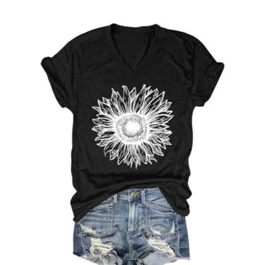 Imagem de Camiseta feminina de girassol com gola V, vintage, manga curta, estampa floral, Preto, M