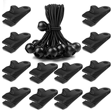 Imagem de Conjunto de clipes de lona e cordas elásticas para bolas – Pacote com 12 Grampos de lona resistentes com trava de aderência para barraca de sinalização e fixadores de toldo de piscina com cordas elásticas de 15,2 cm para acampamento ao ar livre, lonas, barraca de carga etc.