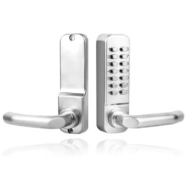 Imagem de Gertrdti Maçaneta de entrada mecânica sem chave com teclado, conjunto de maçanetas de porta frontal de aço inoxidável, fechadura de porta digital à prova d'água com código externo (prata)